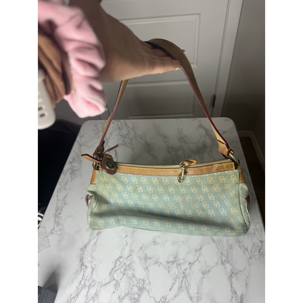 Dooney & Bourke Blue/Tan Logo Shoulder Bag Zip Top Silver Hardware Lined Charm - Picture 4 of 7